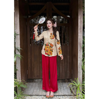 Bà ba tay dài Tết áo gấm phối quần lụa nhung lạnh LADY-Đồ ngủ xinh xinh diện vào là lung linh