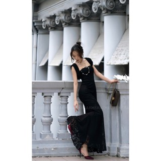  Váy Pearl đen - Váy body 2 lớp chất ren thun cao cấp dáng dài trễ vai đuôi cá mặc nhiều kiểu Emera 