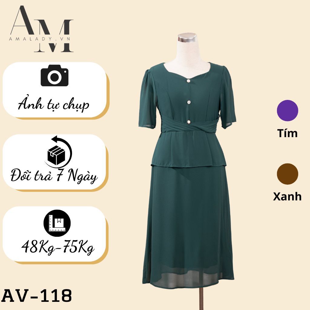 Váy trung niên cho mẹ u40 u50 u60 từ 48-75kg, Đầm trung niên bigsize sang trọng AMALADY AV-118