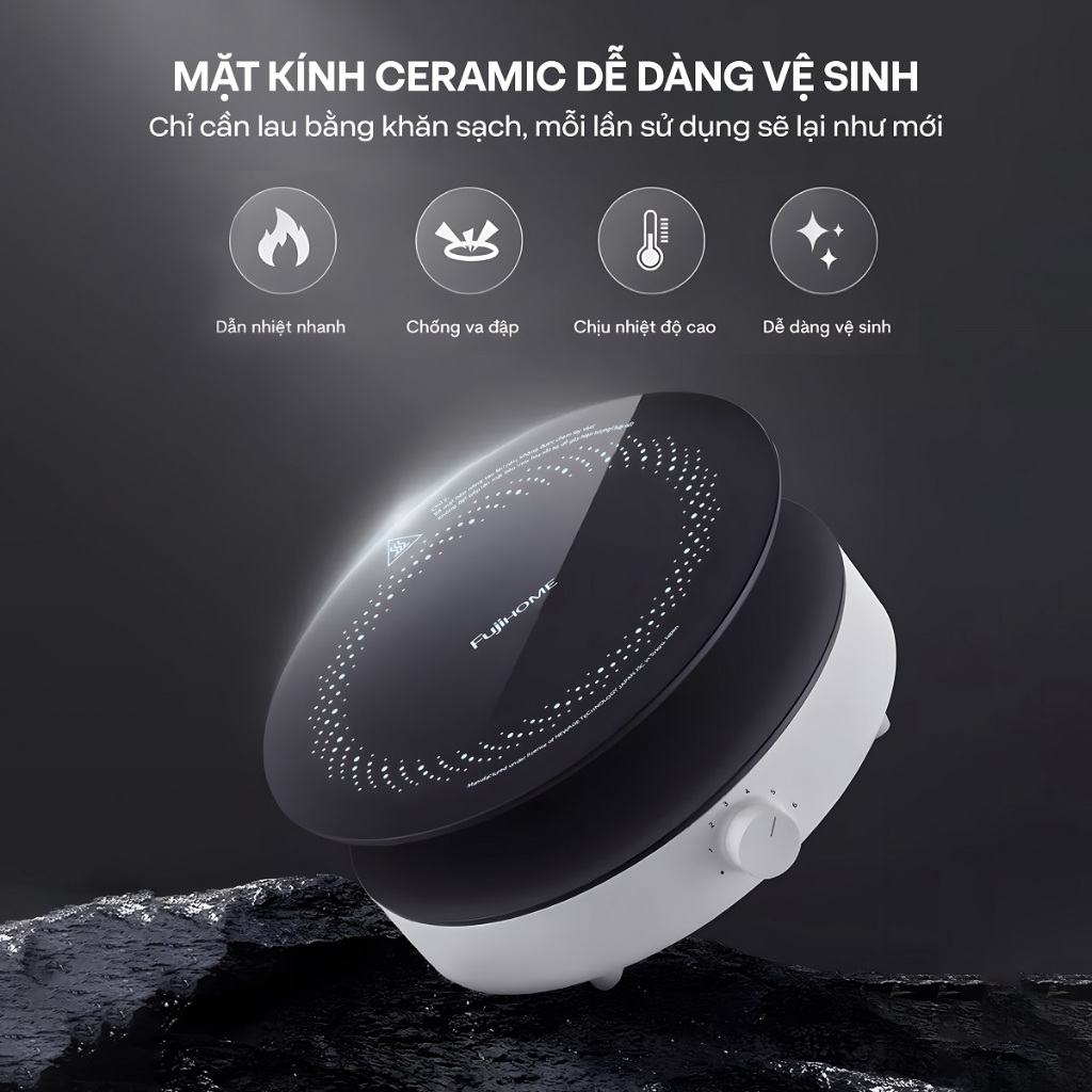 Bếp từ đơn 2200W inverter Nhập Khẩu FUJIHOME, Bếp điện từ đơn ceramic chống nước mini tròn màu trắng tiết kiệm điện | BigBuy360 - bigbuy360.vn