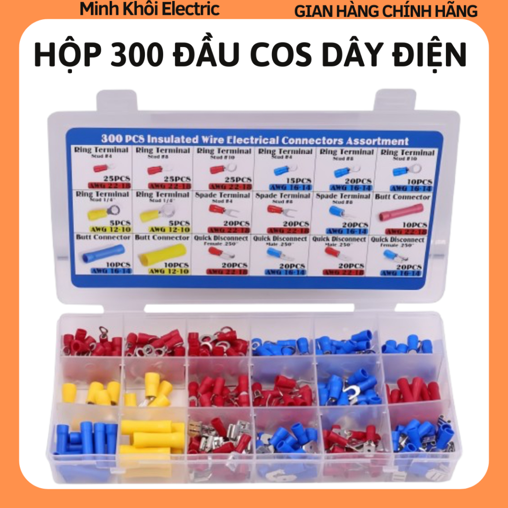 Hộp 300 đầu cos dây điện,bộ cos đa năng,đầu cos nối dây điện,đầu nối điện,hộp đầu cốt,đầu cos đồng,đ
