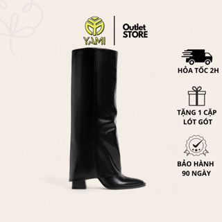 Bốt Nữ Ống Cao Đến Đầu Gối, Giày Bốt Nữ Cao Cấp Cổ Lật Mũi Nhọn Gót Vuông Màu Đen, Bốt Xuất Xịn YAMI