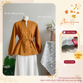 Áo Sơ Mi Nữ Thu Đông Chất Nhung Thắt Eo 3 Màu Be Kem - Nâu Kèm Chân Váy Nhung Be Kem