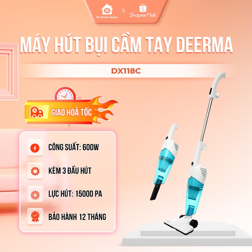 Máy Hút Bụi Có Dây Deerma DX118C/ DX115C Pro, Công Suất 600W Lực Hút 15Kpa - 3 Đầu Hút, Bảo hành 12 Tháng