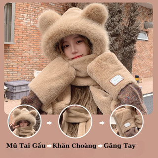 Mũ len lông cừu nữ trùm đầu tai gấu. Nón trùm đầu dễ thương kèm khăn quàng cổ găng tay khẩu trang giữ ấm mùa đông