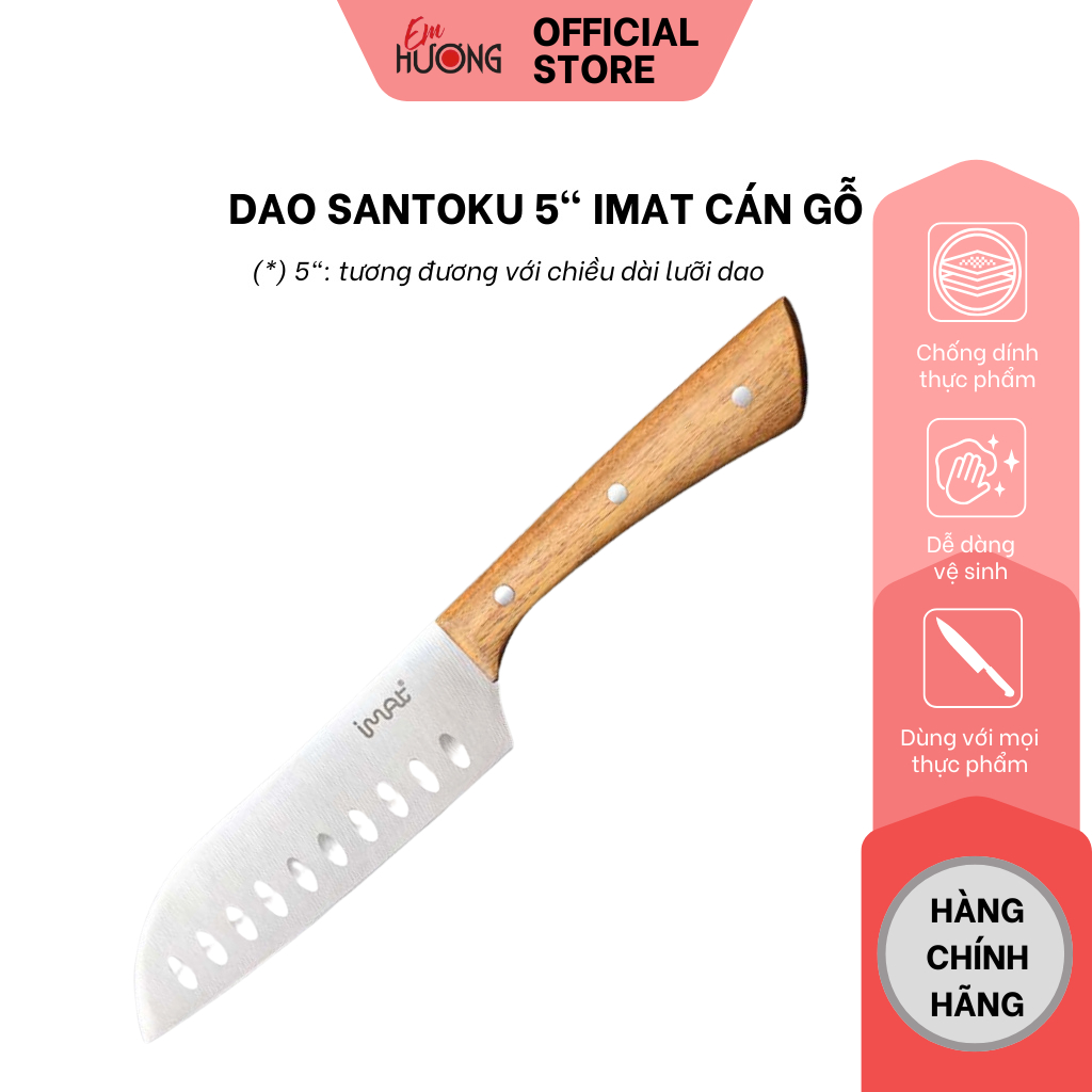 Dao Santoku Nhỏ Lưỡi Dao 5" Imat Cán Gỗ An Toàn Bền Đẹp, Dao Bếp Lưỡi Thép Không Gỉ Mỏng Sắc Bén | E