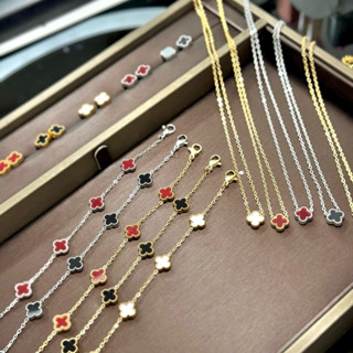 (Set 3 món) Vòng cổ cỏ bốn lá bản mini titan cao cấp không han gỉ, khuyên tai thời trang