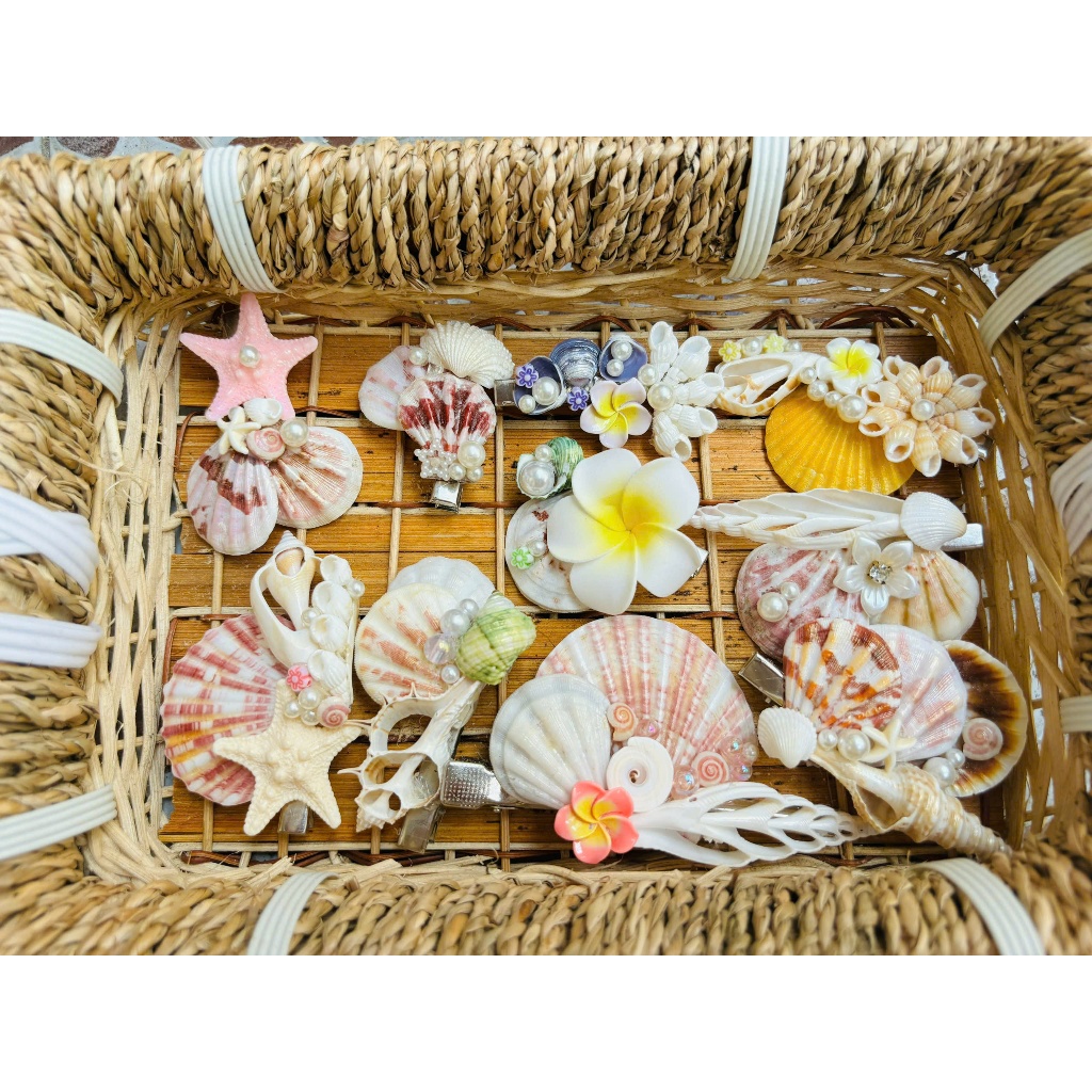 Kẹp tóc vỏ sò Nha Trang, charm gốm, charm đuôi cá