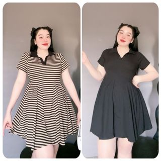 Đầm polo bigsize nữ cổ bẻ phối viền sọc dáng chữ A xòe cách điệu chất gân tăm co giãn - G122