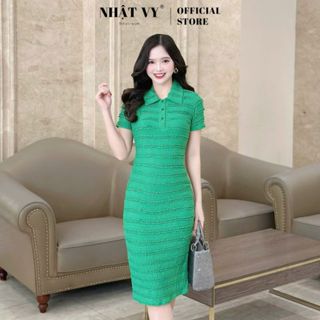 Đầm body đi chơi Nhật Vy dáng ôm cổ sơ mi tay ngắn chất thun tơ vân phù hợp dạo phố - D3243