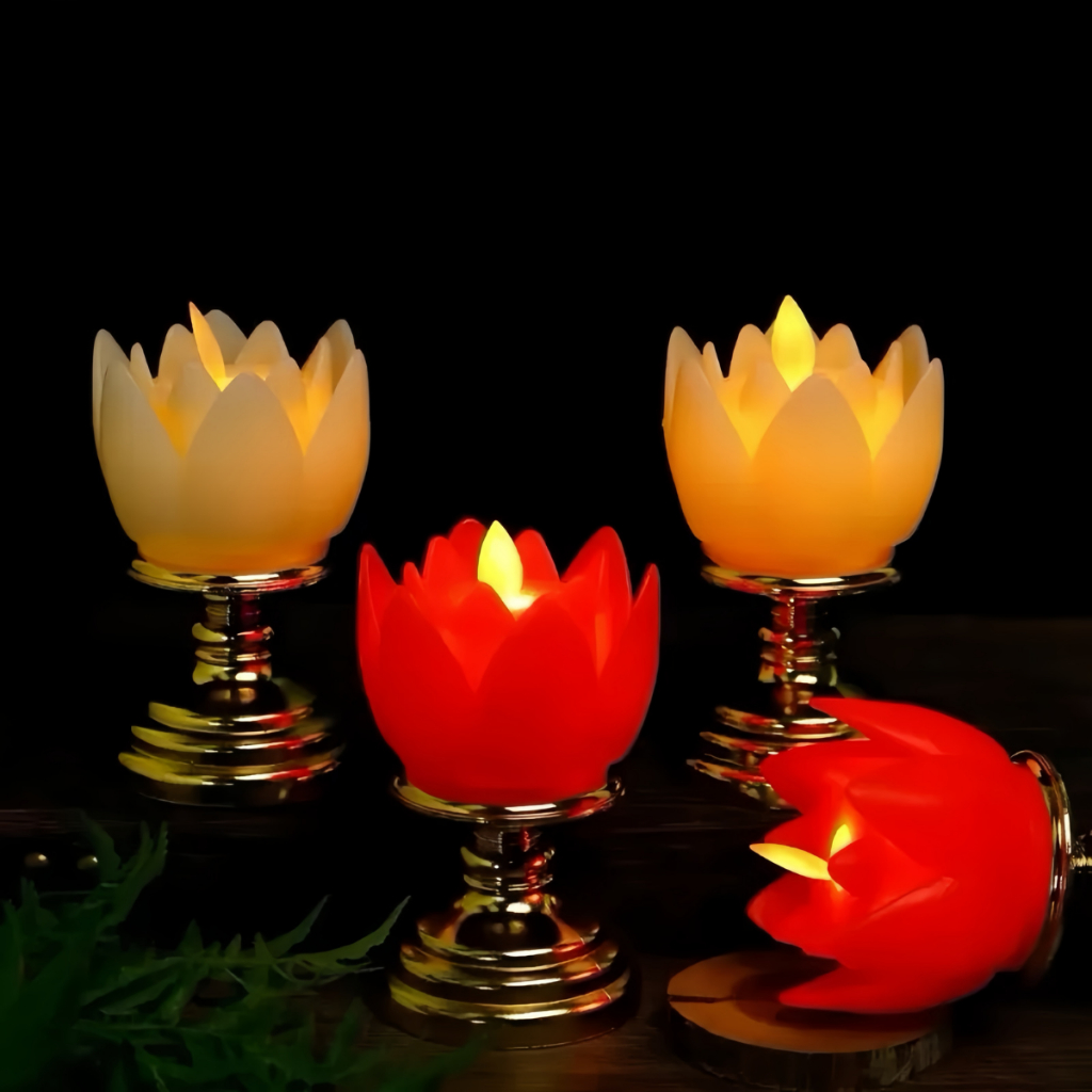 Nến hoa sen điện tử liền đế GEARSHOP dùng để ban thờ phật giáo loại có pin sẵn