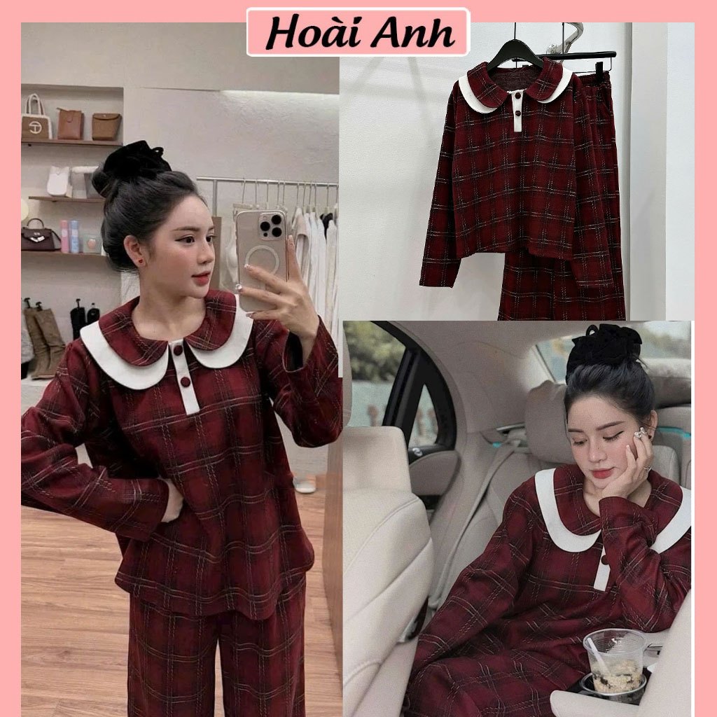 Set Bộ Đồ Nữ Kẻ Dạ Caro Đỏ Áo Cổ Sen Bèo Phối Trắng 2 Cúc Bọc Mix Quần Suông Dài Ống Rộng