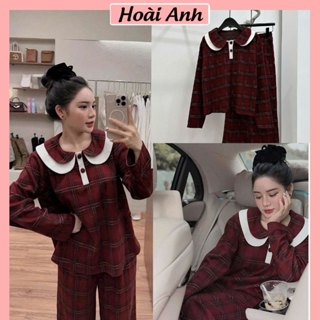 Set Bộ Đồ Nữ Kẻ Dạ Caro Đỏ Áo Cổ Sen Bèo Phối Trắng 2 Cúc Bọc Mix Quần Suông Dài Ống Rộng