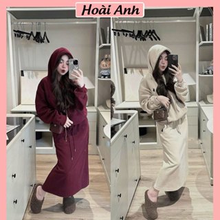 Set Bộ Đồ CV Nữ Nỉ 2 Da Áo Hoodie Có Mũ Thêu Ngựa Mix Chân Váy Dáng Dài Có Túi Bên Xẻ Sau Freesize