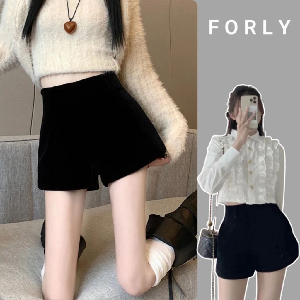 Quần short Forly nhung cạp cao dáng xoè khoá zip T018 Giấy hdsd