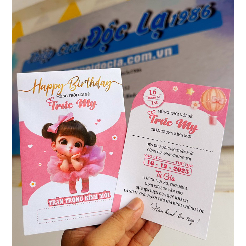 Thiệp Thôi nôi, Sinh nhật, Đầy tháng bé gái hồng