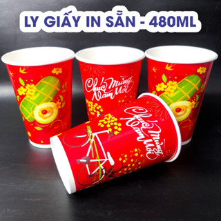 MẪU BÁN CHẠY TẾT 2025 - SET 200 Cái ly giấy in sẵn 480ml, cốc giấy TẾT 2025, cốc 2PE chống thấm cao cấp: Size 16oz - M1