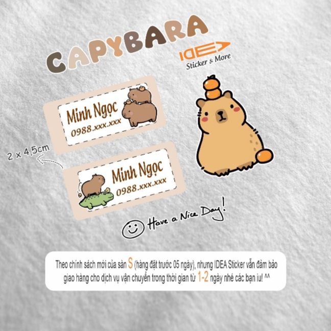 Bộ 36 (+3) sticker CAPYPARA ủi áo, dán bình sữa, đồ dùng học tập - In theo tên bé