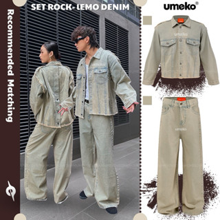 UMEKO Set Denim ROCK LEMO Unisex Gồm Áo Khoác Phối Khuy Mặt Sau Form Boxy Màu Ghi Vàng Quần Jeans Form Suông Ống Rộng