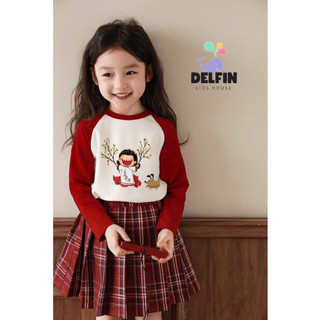  Sét bé gái mặc tết đi chơi chân váy caro xếp li áo thun tay dài phối đỏ in hình tết Delfinkids sét váy bé gái 10-30kg 