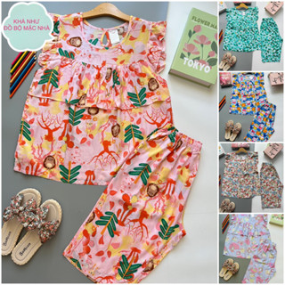 (45-75 ký) Đồ bộ tole nữ mặc nhà, bộ lanh nữ trung niên quần lửng áo cổ tròn tay cánh tiên phối bèo trước ngực dài 17 cm