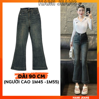 Quần jean ống loe cạp cao co giãn dài 90 cm cho người 1m45 -1m55 màu bụi retro siêu hot