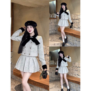 Set Bộ Dạ Tweed Tiêu Tay Dài Cổ Nhung Nơ Đen Dáng Croptop Kèm Chân Váy Xếp Ly Ngắn