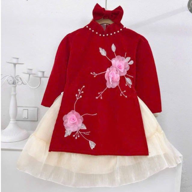 Áo dài nhung cao cấp cho bé gái 10-30kg
