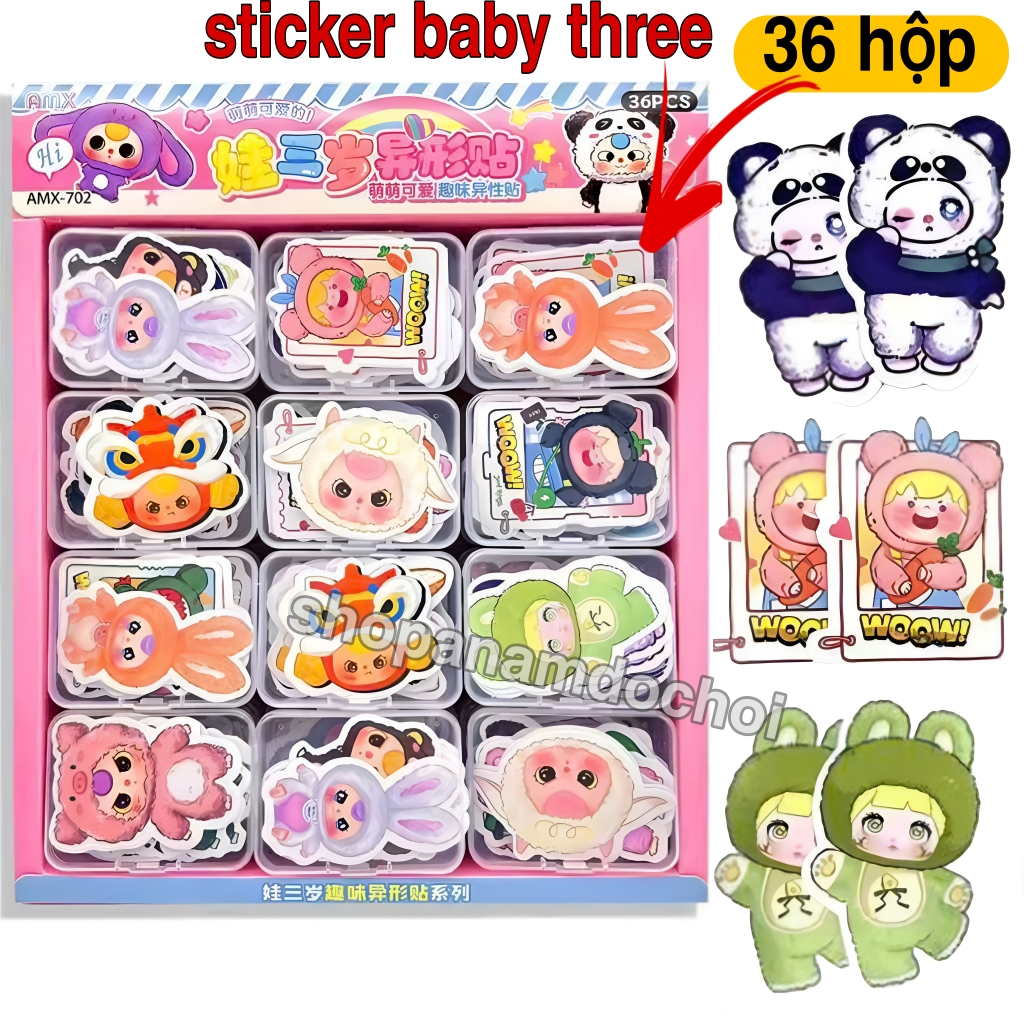 Khay 36 hộp sticker baby three , sticker bản to 36 hộp x 10 sticker