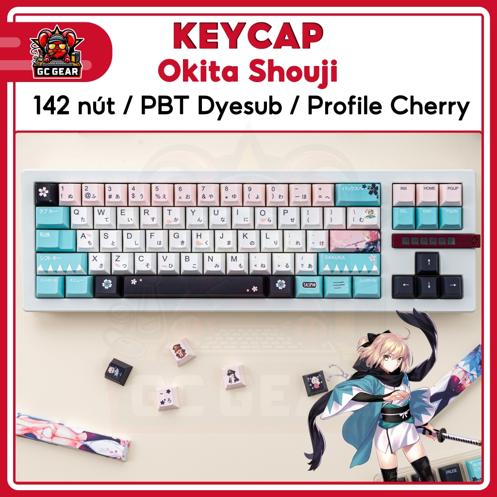 Keycap Okita Souji 142 nút dành cho bàn phím cơ Wooting nhựa PBT in Dyesub Profile Cherry
