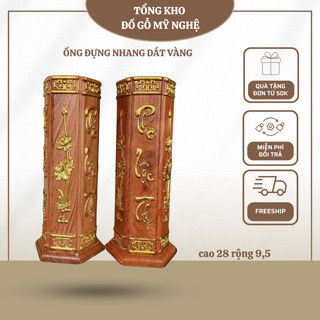  Ống đựng nhang dát vàng ,chất liệu gỗ hương chạm khắc chữ Phúc Lộc Thọ  Hoa Sen đẹp mắt tinh sảo cao 28cm 