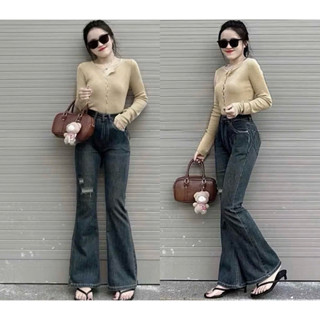 Quần Jean Nữ Ống Loe Bigsize Lưng Cao Co Giãn Thỏa Mái Phối Rách Kiểu, Quần Bò Ôm Dáng Loe Bigsize Ms502