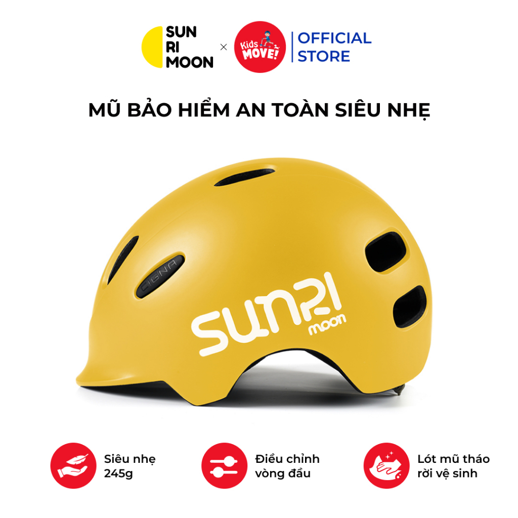 Mũ bảo hiểm cho bé 3 4 6 10 tuổi Sunrimoon siêu nhẹ 245g, có đèn LED, đi xe máy, xe đạp, thể thao