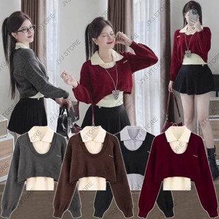 Set áo len nữ 2 món chi tiết, dáng ngắn ôm, dài tay phồng gồm sát nách cổ polo và croptop sweater dệt kim