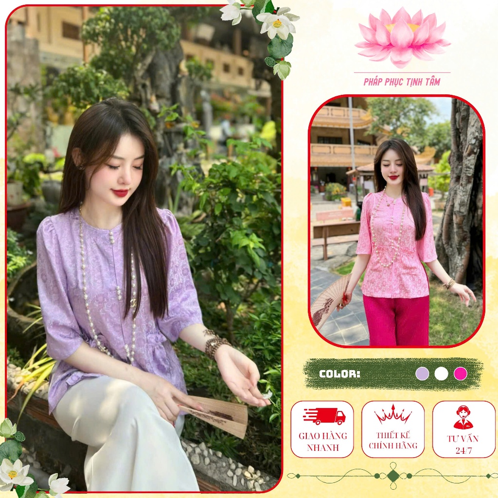 Đồ Lam Đi Chùa Tịnh Tâm, Pháp phục nữ lụa cổ tròn túi tiền, lụa tuyết nhung, Size 40-65kg,4 size S,M,L,XL