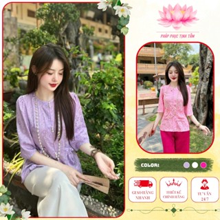 Đồ Lam Đi Chùa Tịnh Tâm, Pháp phục nữ lụa cổ tròn túi tiền, lụa tuyết nhung, Size 40-65kg,4 size S,M,L,XL