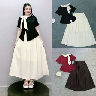 Set bộ Bigsize Nữ tiểu thư áo kiểu cột nơ xẻ tà kèm chân váy dài hai lớp qua gối co giãn thoải mái thanh lịch- SET848