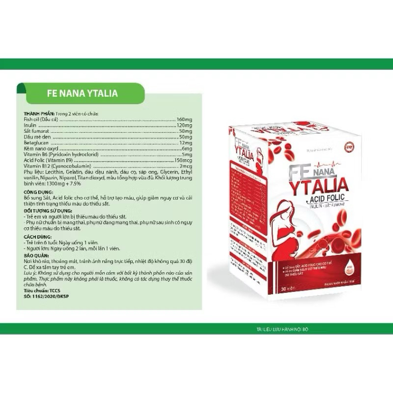 Viên uống bổ máu Fe nana Ytalia giúp bổ sung sắt, acid folic cho cơ thể, cải thiện tình trạng thiếu máu do thiếu sắt