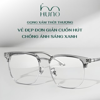 Mắt kính nam nữ màu xám bạc thời trang HUNO, gọng kính cận vuông kim loại cao cấp 0 độ chống ánh sáng xanh K66