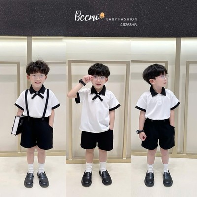 Set bộ polo Beemo cộc tay phối đai 4 chi tiết vải cá sấu co giãn thoáng mát cho bé trai từ 9-24kg 4626SHB