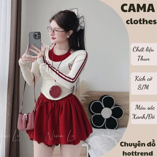Set đồ nữ Cama HCOM3740, bộ đồ thu đông nữ áo thun gân ôm body phối yếm mix chân váy dáng bí