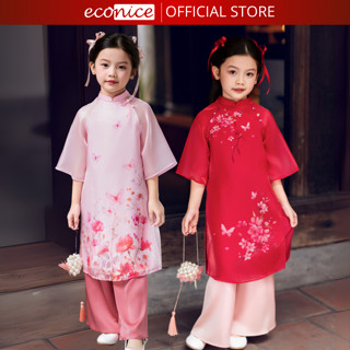 Áo dài tết cách tân màu đỏ Tết cho bé gái Econice size đại trẻ em 3, 4, 5, 6, 7, 8, 9, 10 tuổi