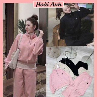 Set Bộ Đồ Nỉ 2 Da Áo Cổ Khóa Lửng Phối Dây Rút Thêu Ngựa Mix Quần Suông Dài Ống Rộng Freesize