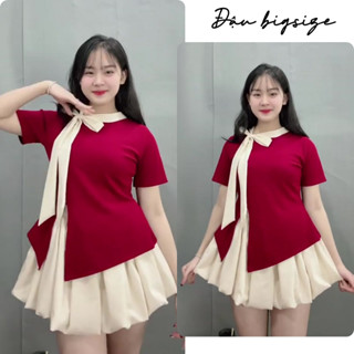 Set váy tiểu thư bigsize nữ áo tay ngắn cổ thắt nơ tà xẻ chất ruby kèm chân váy bí chất lụa chéo - SET935 (A251+CV413)