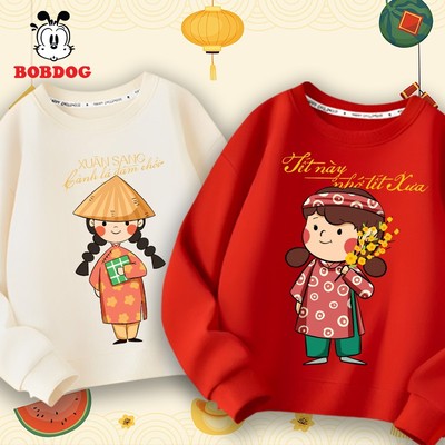 Áo tết cho bé gái BOBDOG áo dài tay da cá cotton ấm áp in hình cô gái chúc tết cho bé