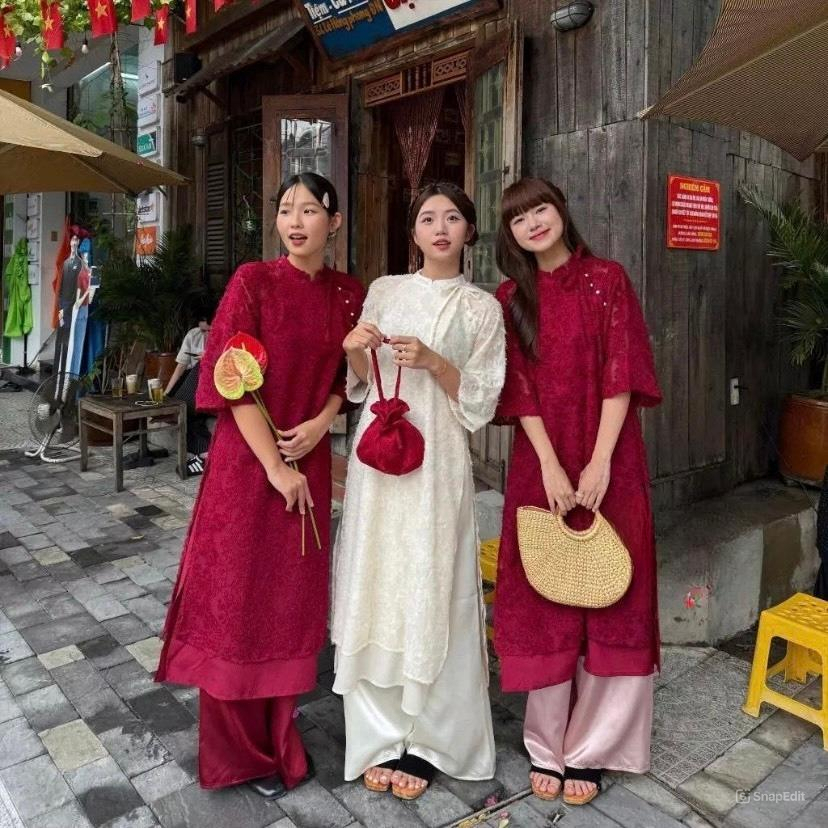 Set Áo Dài Lông Vũ Buộc Nơ Cách Điệu Kèm Quần Lụa Siêu Xinh