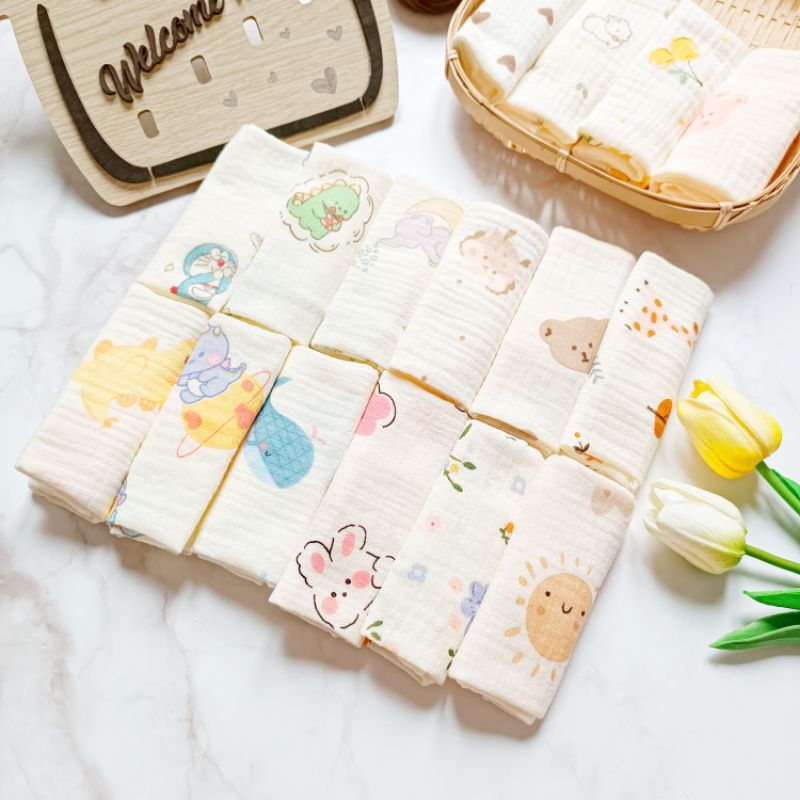 Sét 10 khăn sữa và sét 5 Khăn xô muslin 2 lớp thấm hút tốt, mềm mại, hoạ tiết đa dạngi