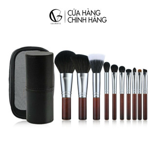 Bộ cọ trang điểm cá nhân GUVIET màu gỗ kích thước mini gồm 10 cọ đi kèm túi da hoặc ống cắm cọ