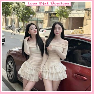Set áo trễ vai mix chân váy xếp tầng chạy rúm lệch vạt Loan Định Boutique LD252