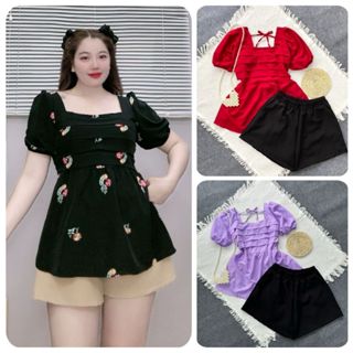 Set đồ bộ bigsize nữ quần short ngắn eo co giãn và áo baby doll cute nhiều màu sắc dành cho nàng mũm mĩm  SET55